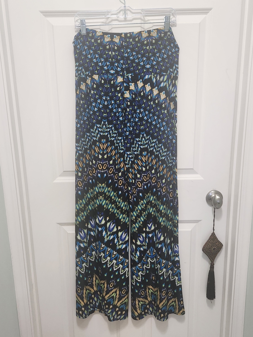 Patterned Wide-Leg Fold Over Waist Palazzo Pants in Navy, Teal & Gold